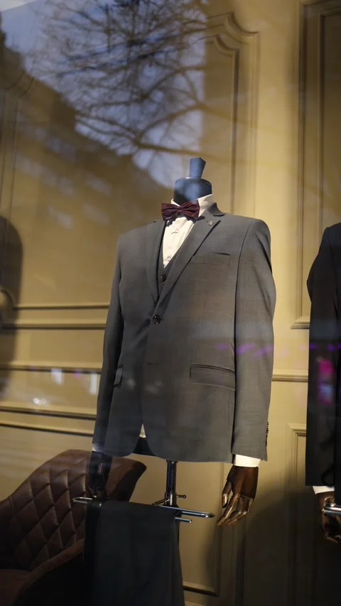 Vertical screen: A refined gray suit paired with a burgundy bow tie displayed on Stock Footage 300162341