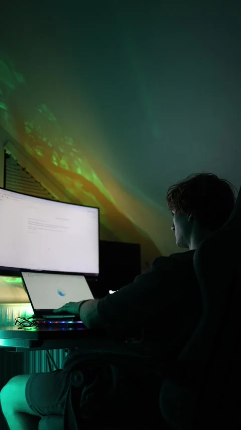 Vertical screen remote worker engages in late night dialogue with artificial int Stock Footage 316702999
