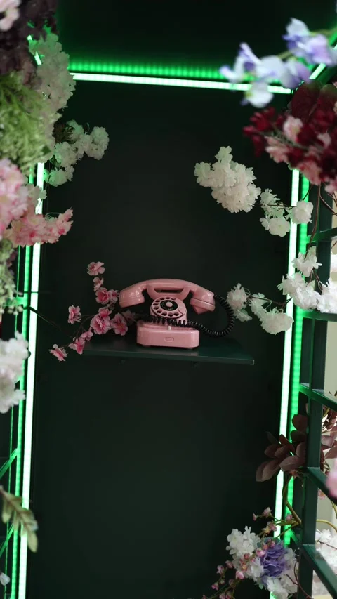 Vertical screen retro pink phone framed by neon green lights and blooming flower Stock Footage 306596774