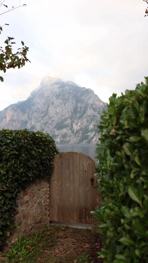Vertical screen rustic wooden gate between stone wall and green bushes opens tow Stock Footage 318217329