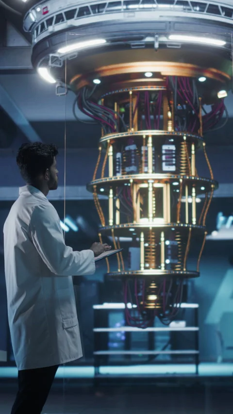 Vertical Screen Scientist Managing Quantum Computer with Tablet Stock Footage 318966470