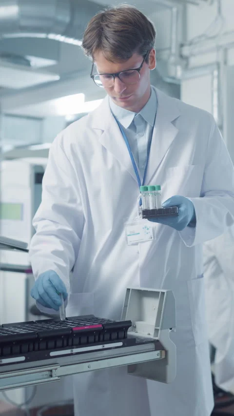 Vertical Screen Scientist Putting Samples in Testing Machine Stock Footage 296192072
