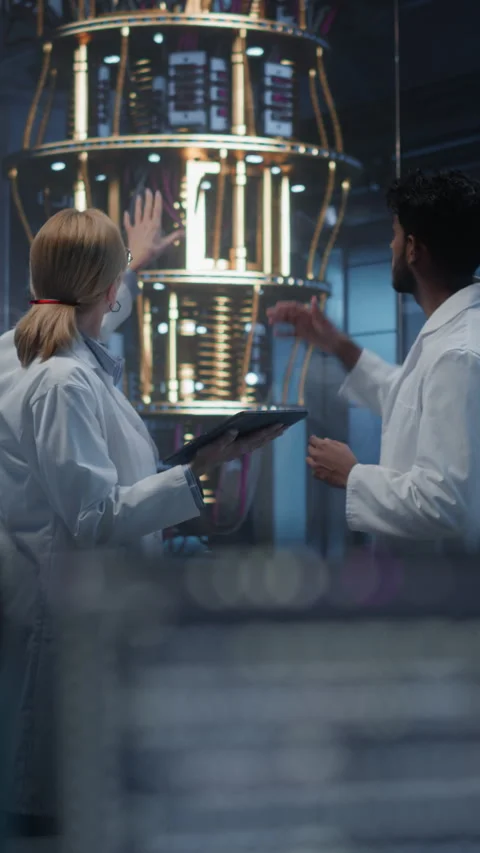 Vertical Screen Scientists Working with Quantum Computer Stock Footage 318966325