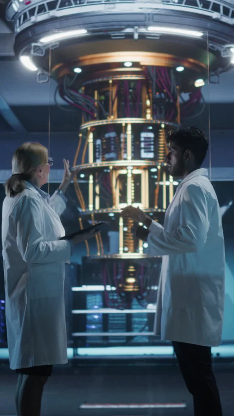 Vertical Screen Scientists Working with Quantum Computer Stock Footage 318966433