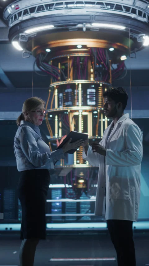 Vertical Screen Scientists Working with Quantum Computer Stock Footage 318966436