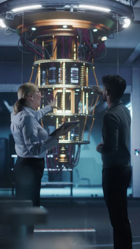 Vertical Screen Scientists Working with Quantum Computer Stock Footage 318966487