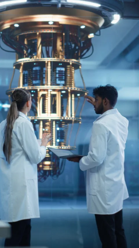 Vertical Screen Scientists Working with Quantum Computer Stock Footage 318966508