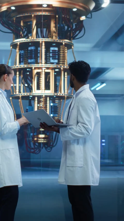 Vertical Screen Scientists Working with Quantum Computer Stock Footage 318966514