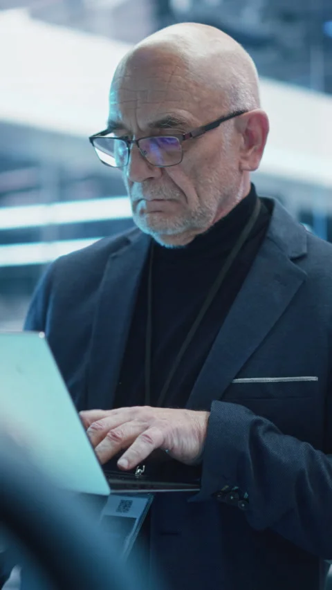 Vertical Screen Senior Engineer with Laptop Developing Turbine Engine 스톡 동영상 229844477