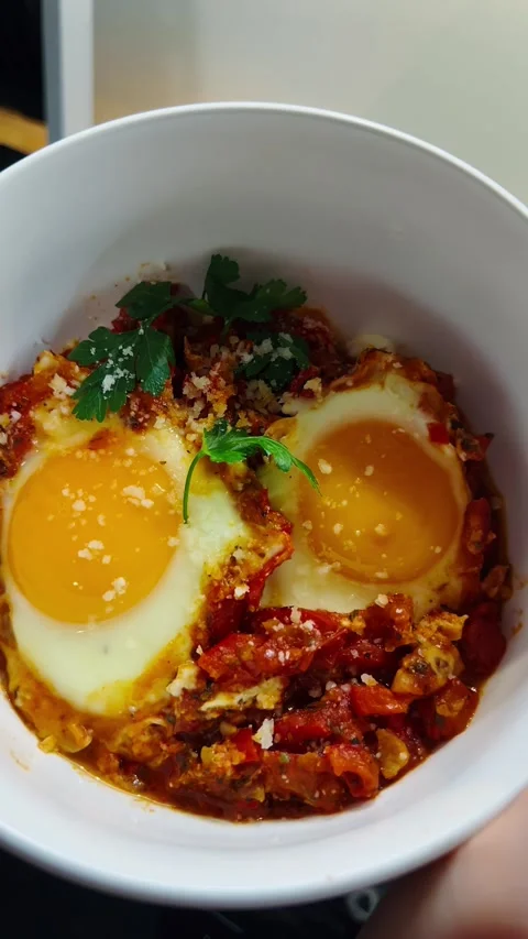 Vertical Screen: Shakshuka with poached eggs in rich tomato sauce, shakshuka Stock Footage 303835547