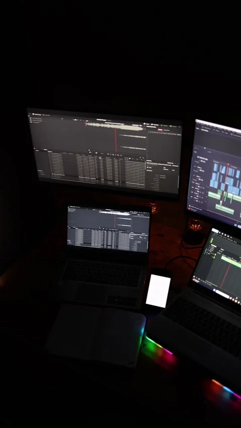 Vertical screen showcasing an array of monitors and laptops, with open editing s Stock Footage 297111105
