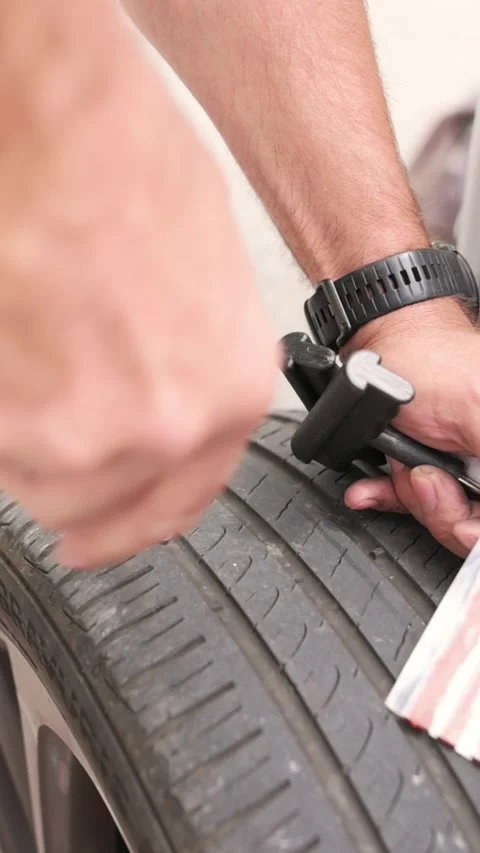 Vertical screen showing man checking car tire tread depth with a gauge tool Video stock 318195446
