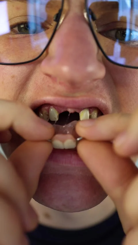 Vertical screen showing removable dental prosthesis young man pulls lips apart r Video stock 312195847
