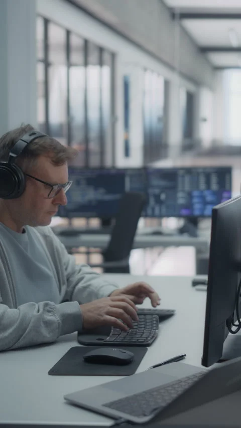 Vertical Screen Software Developer Working on Computer Stockbeeldmateriaal 296185171