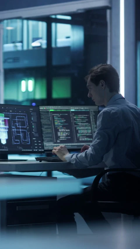 Vertical Screen Software Developer Working on AI Model on Computer Stock Footage 318966165