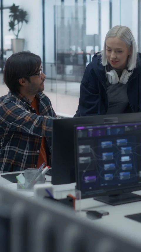 Vertical Screen Software Developers Talking in Office Stock Footage 296185125