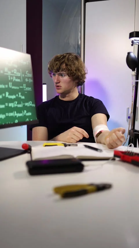Vertical screen student tests assistive wearable technology at home Stock Footage 323270352
