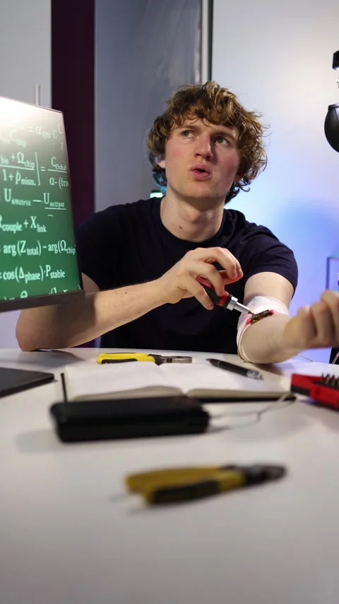 Vertical screen student tests homemade neurotechnology device at home Stock Footage 323270382