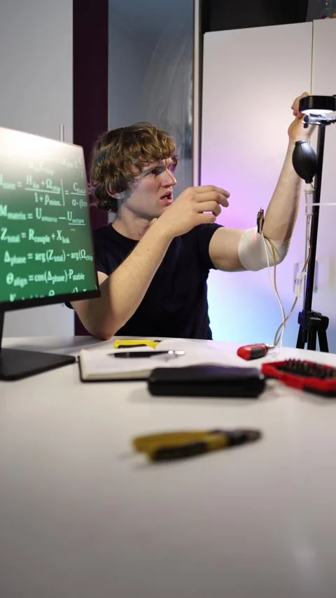 Vertical screen student tests wearable chip at home Stock Footage 323270464