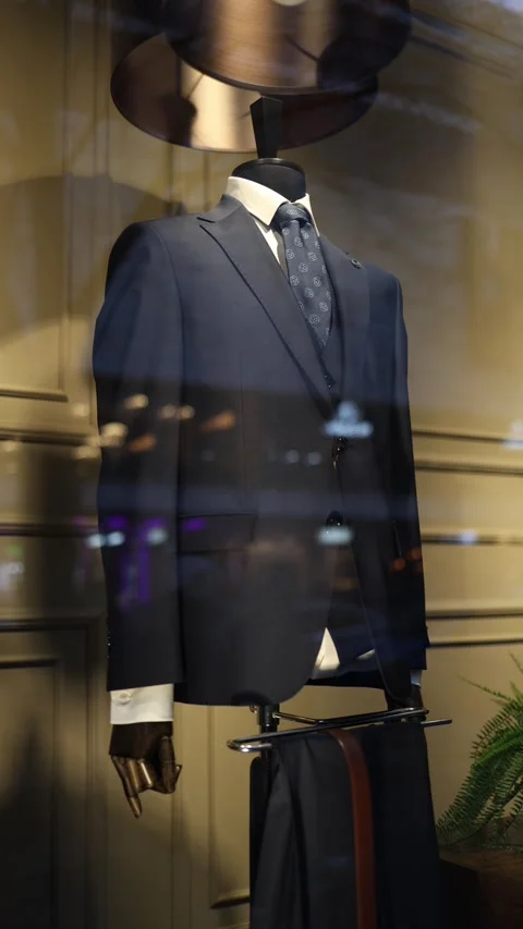 Vertical screen: A stylish navy-blue suit with a patterned tie displayed on a ma Stock Footage 300162349