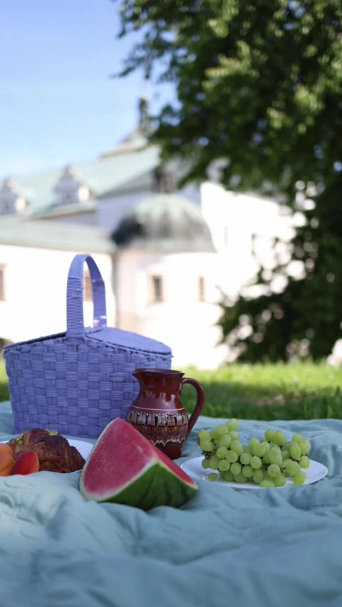 Vertical screen summer picnic spread with lavender basket watermelon grapes apri Stock Footage 311130013