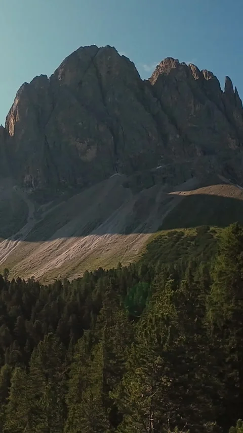 Vertical Screen Sunlit Slope With Dolomites Peaks And Treeline, Soft Daylight Vídeo Stock 323891000