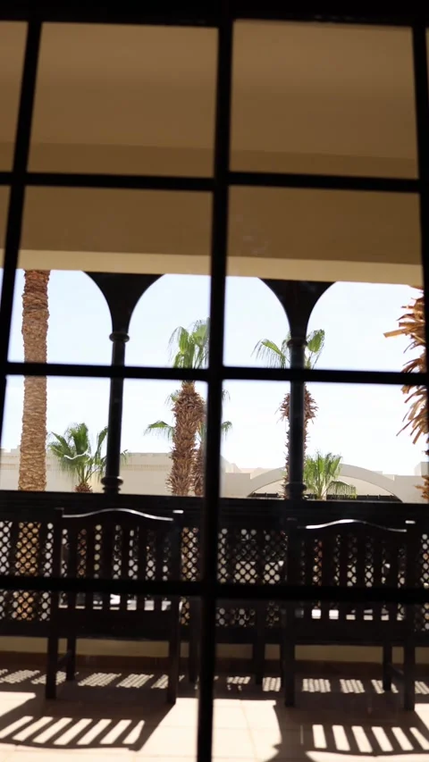 Vertical screen sunlit terrace view framed by dark arches shadows on tiles palm  Stock Footage 310010421