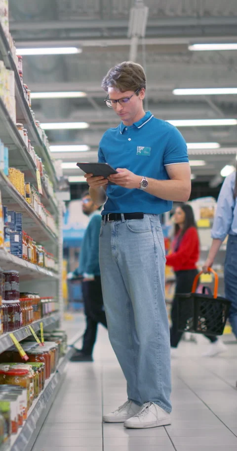 Vertical Screen Supermarket Manager at Work Stock Footage 295824829