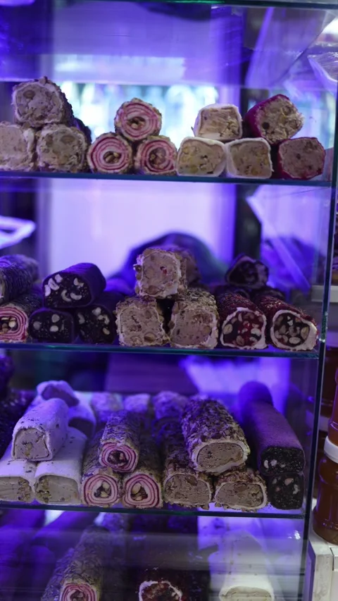 Vertical screen sweets in glass showcase Stock Footage 331199655