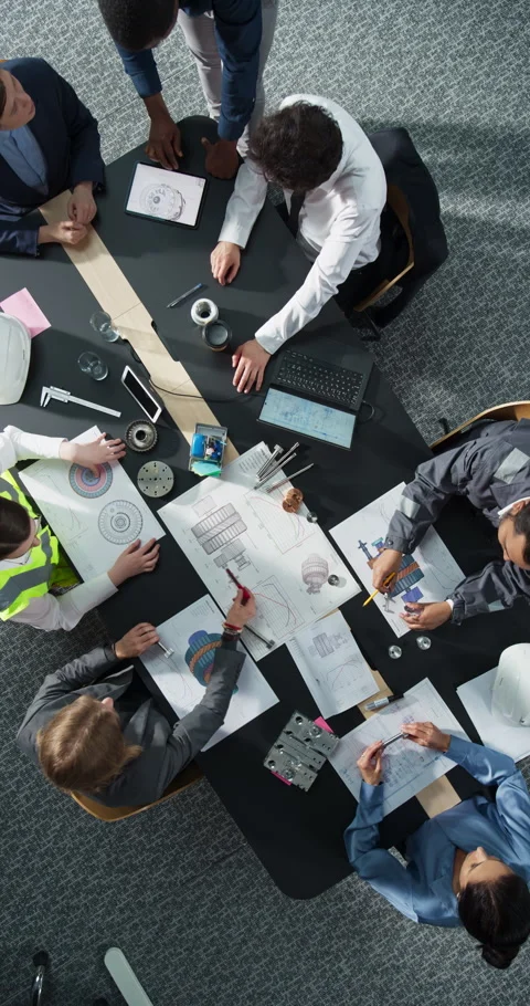 Vertical Screen Top Down View Zoom Out Meeting Of Real Estate Engineers Stock Footage 295205442
