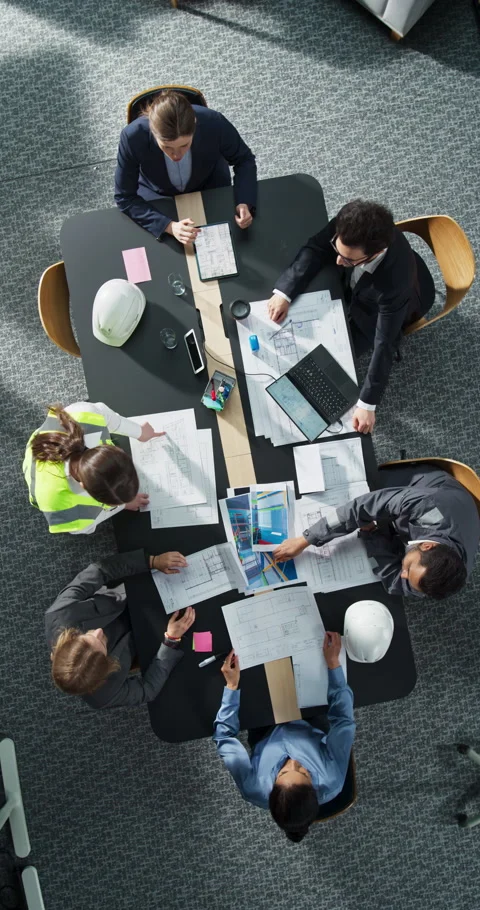 Vertical Screen Top Down View Meeting of Construction Engineers Stockbeeldmateriaal 295205454