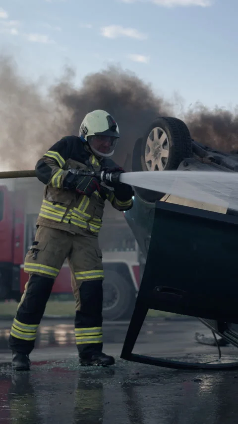 Vertical Screen Traffic Accident with Burning Car and Firefighters Stock Footage 295800708