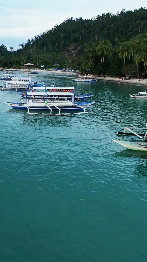 Vertical screen tropical beach scene with multiple boats floating in turquoise Видео 318722712