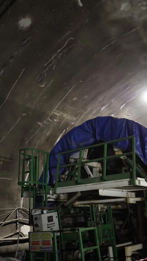 Vertical screen tunnel boring machine covered tarp control panel underground con Stock Footage 309645348
