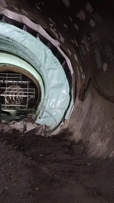 Vertical screen tunnel waterproofing green membrane scaffolding metro constructi Video stock 309644029