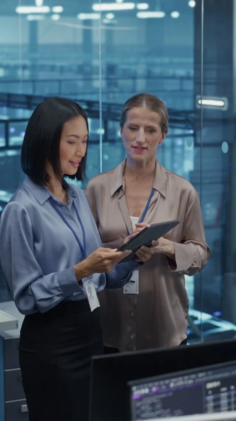 Vertical Screen Two Data Center Engineers Using Laptop Computer Stock Footage 296176132