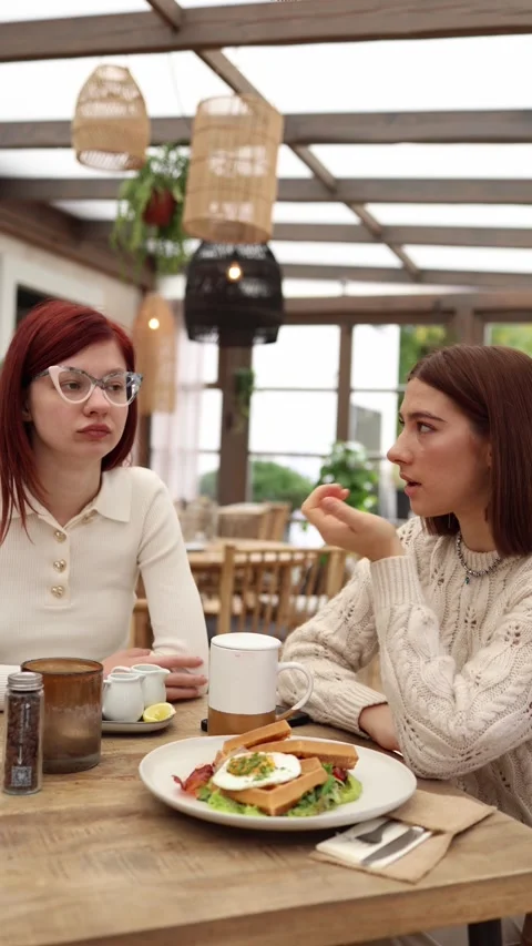 Vertical screen two friends sit in a cafe as one talks passionately  Stock Footage 320827181