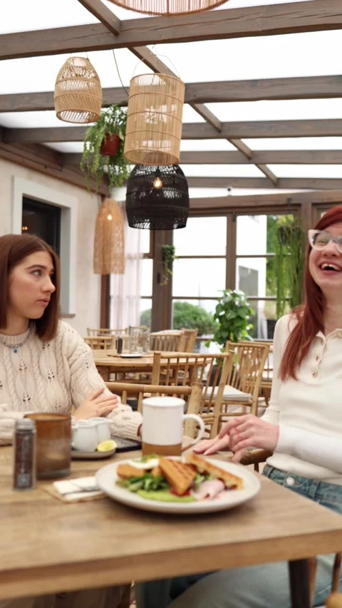 Vertical screen two students sit in a cafe as one laughs mockingly  Stock Footage 320827162