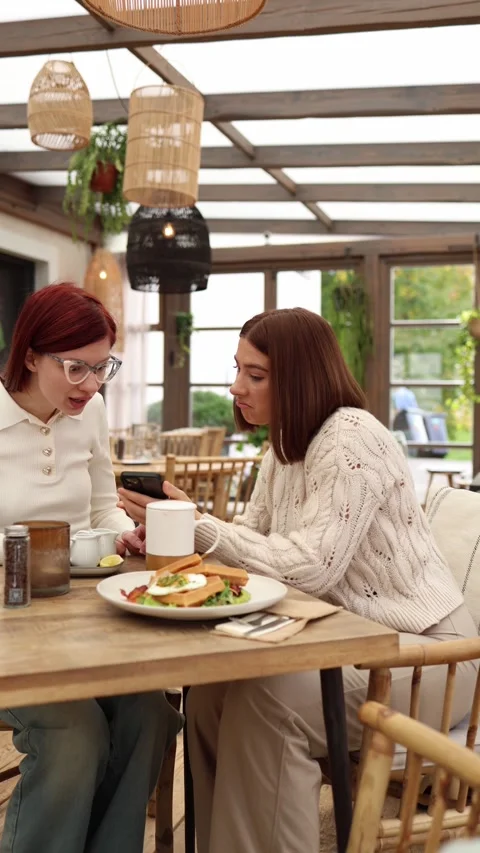 Vertical screen two women sit in a cafe one shows her phone  Stock Footage 320827199