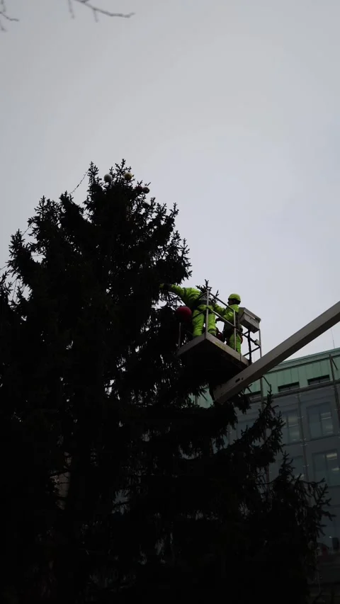 Vertical screen: Two workers in fluorescent safety gear attach ornaments to a ta Stock Footage 297264487