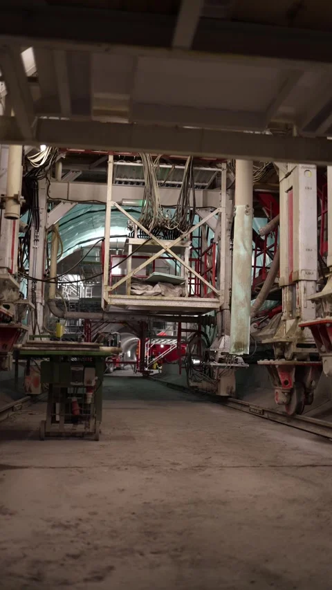 Vertical screen underground metro construction tunnel with heavy machinery suspe Stock Footage 309543546