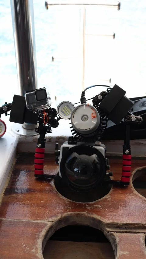 Vertical screen underwater camera gear with dual lights and action cam rests on  Stock Footage 310517398