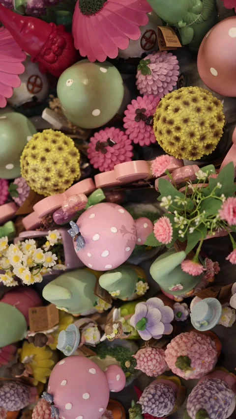 Vertical screen unsold Easter themed decorations with pastel mushrooms Stock Footage 330014768