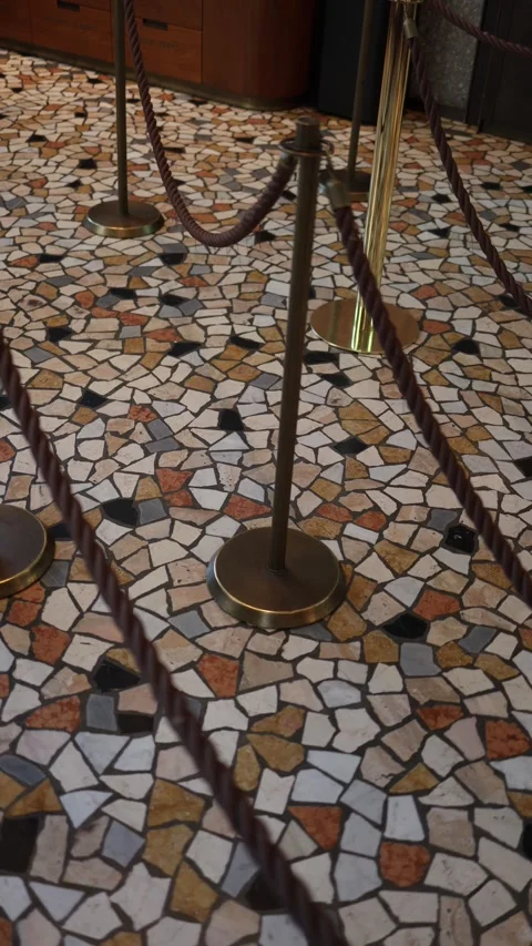 Vertical screen velvet ropes on brass stanchions form elegant queue over colorfu Stock Footage 310470123