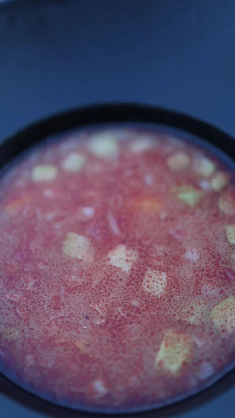 Vertical screen vibrant beetroot soup served cold with diced vegetables floating Stock Footage 310056242