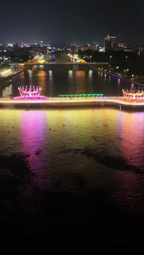 Vertical screen, Vietnam, Can Tho Colorful Rainbow Lights On River Vivid Band Stock Footage 339040381