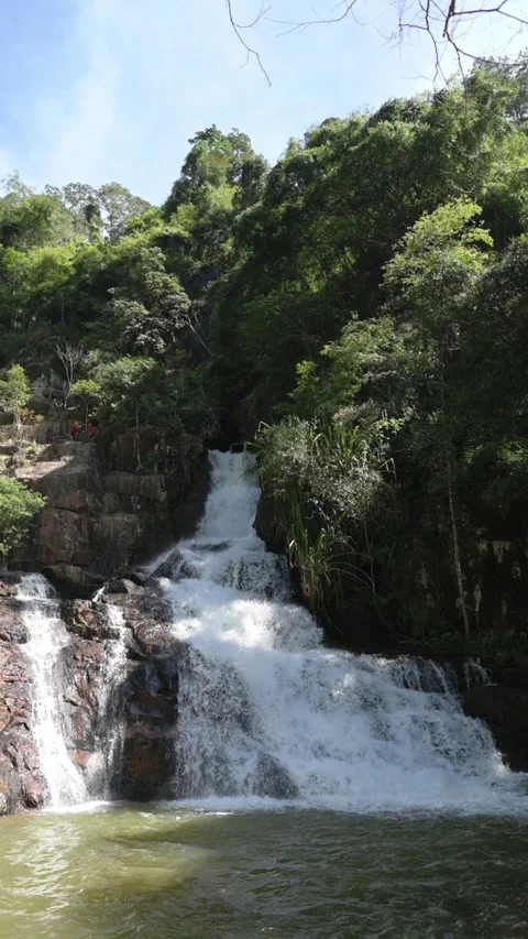 Vertical Screen, Vietnam, Da Lat Broad Waterfall Plunging Into Emerald Pool At Stock Footage 329018409