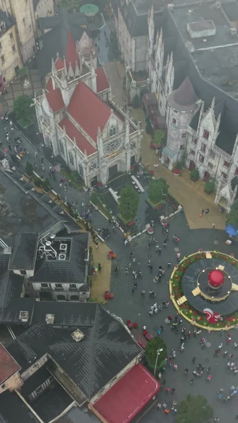 Vertical screen, Vietnam, Da Nang, Ba Na Hills Aerial View Tourists Gothic Stock Footage 338048224