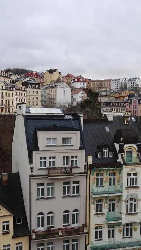 Vertical Screen: The view of the colorful rooftops in Karlovy Vary, with a mix o Stock Footage 300539396