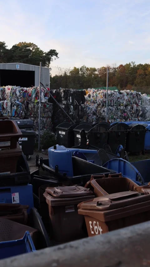 Vertical screen view of recycling area with stacked plastic waste and various tr Stock Footage 319832606